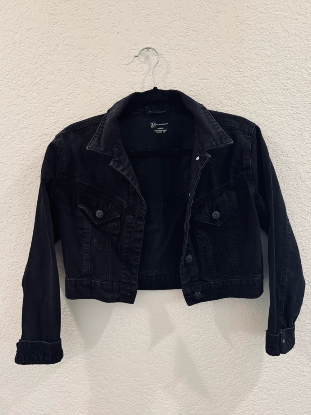 No Boundaries Black Cropped Denim Jacket with Button Front